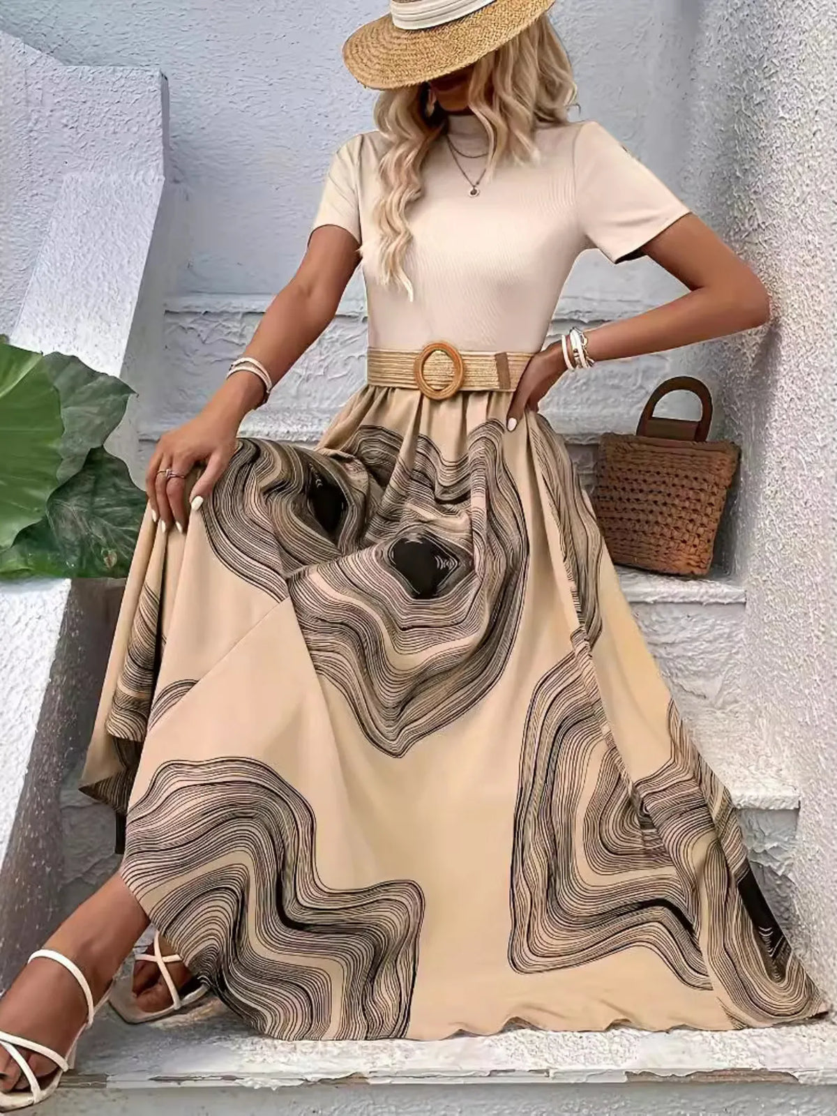 Printed Round Neck Short Sleeve Dress