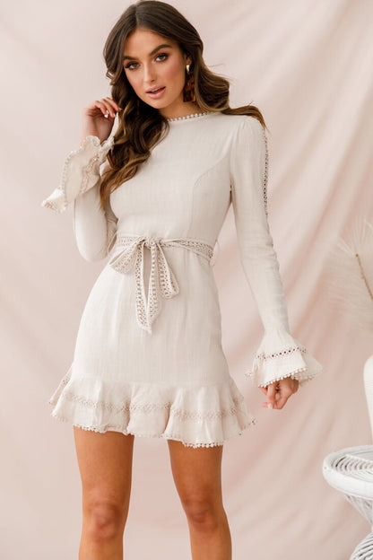 Aspley Flare Cuff Waist Tie Dress Beige