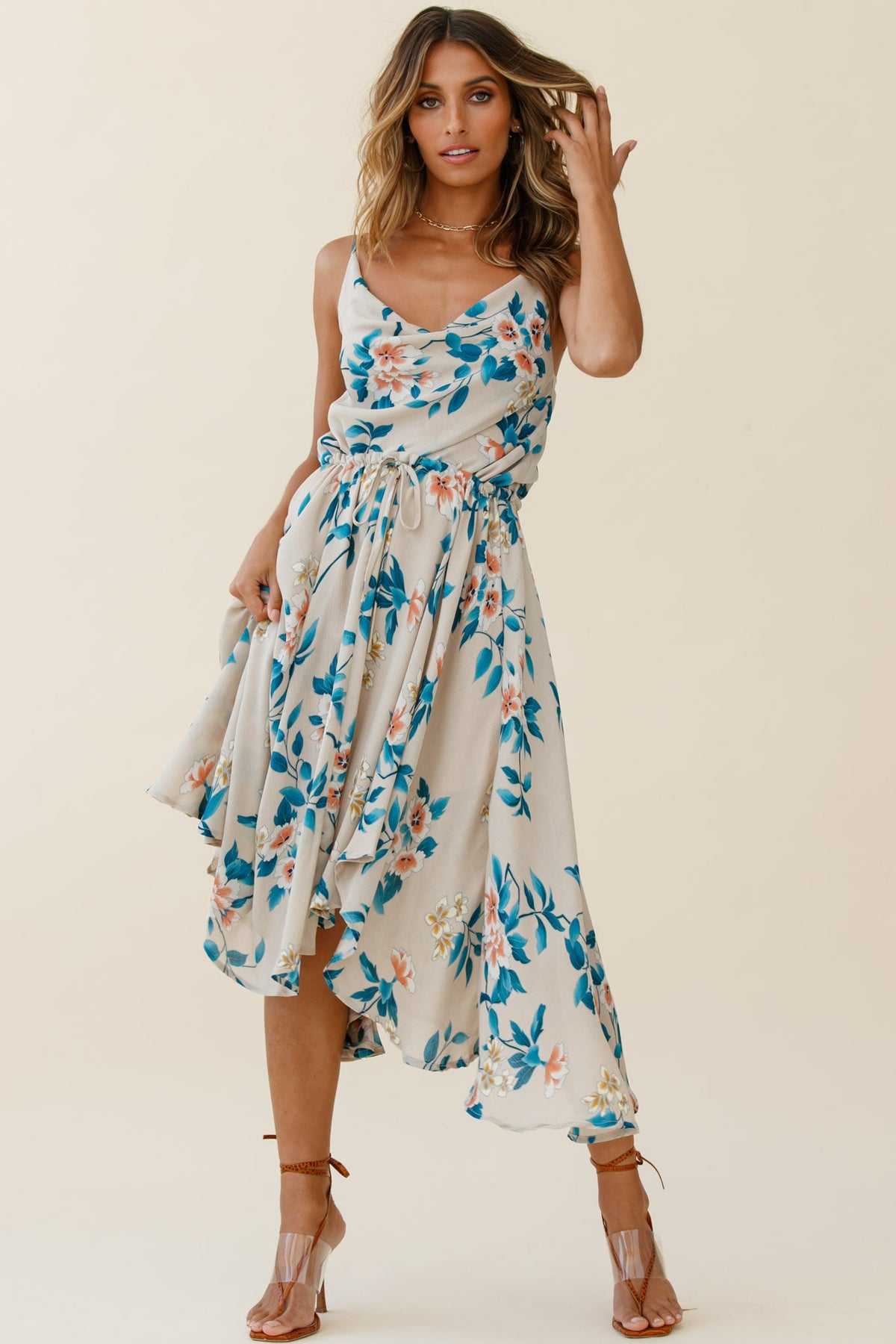 Ava Cowl Neck Drawstring Midi Dress Floral Print Mocha