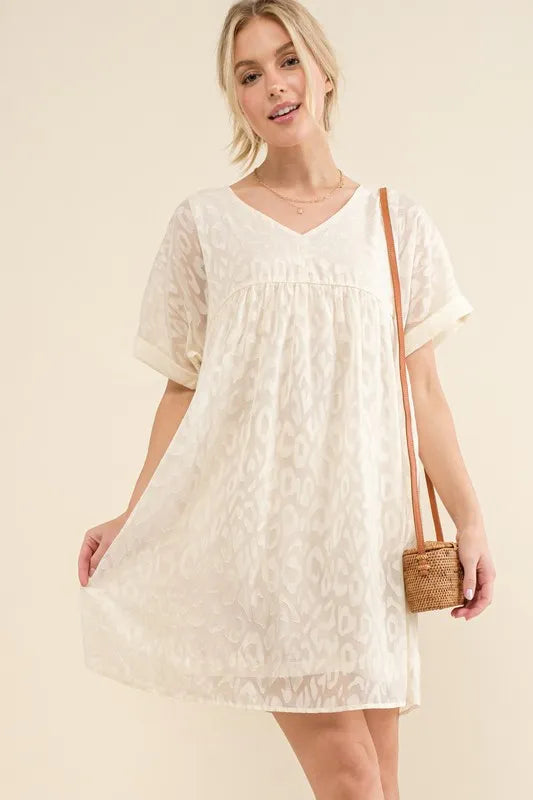 And The Why Woven Leopard Baby Doll Roll-Sleeve Casual Dress