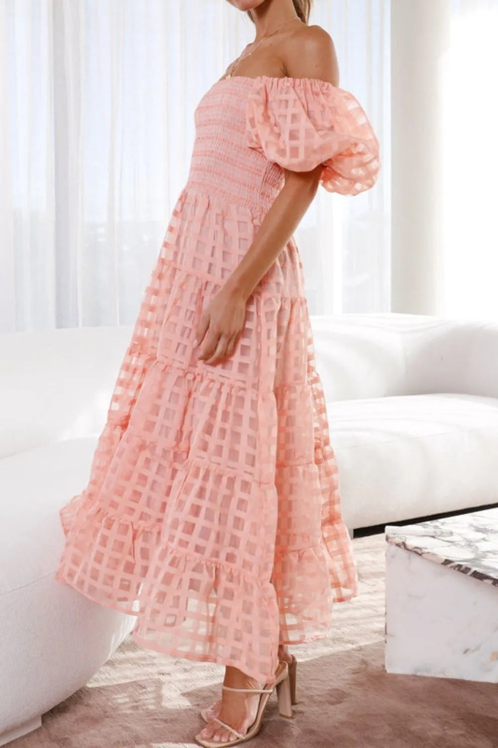 Off Shoulder Short Puff Sleeve Midi Dress