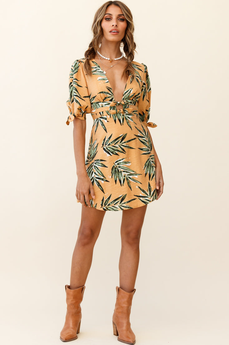 Camarillo Puff Sleeve Bow Detail Dress Leaf Print Sunset
