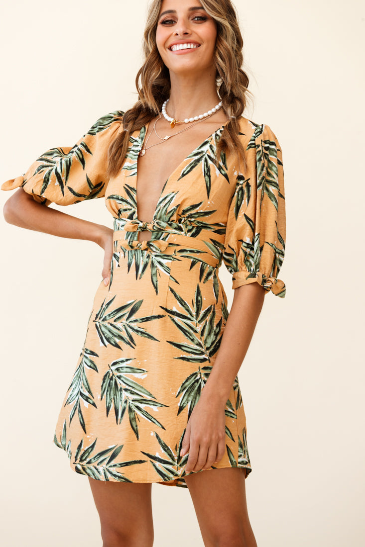 Camarillo Puff Sleeve Bow Detail Dress Leaf Print Sunset