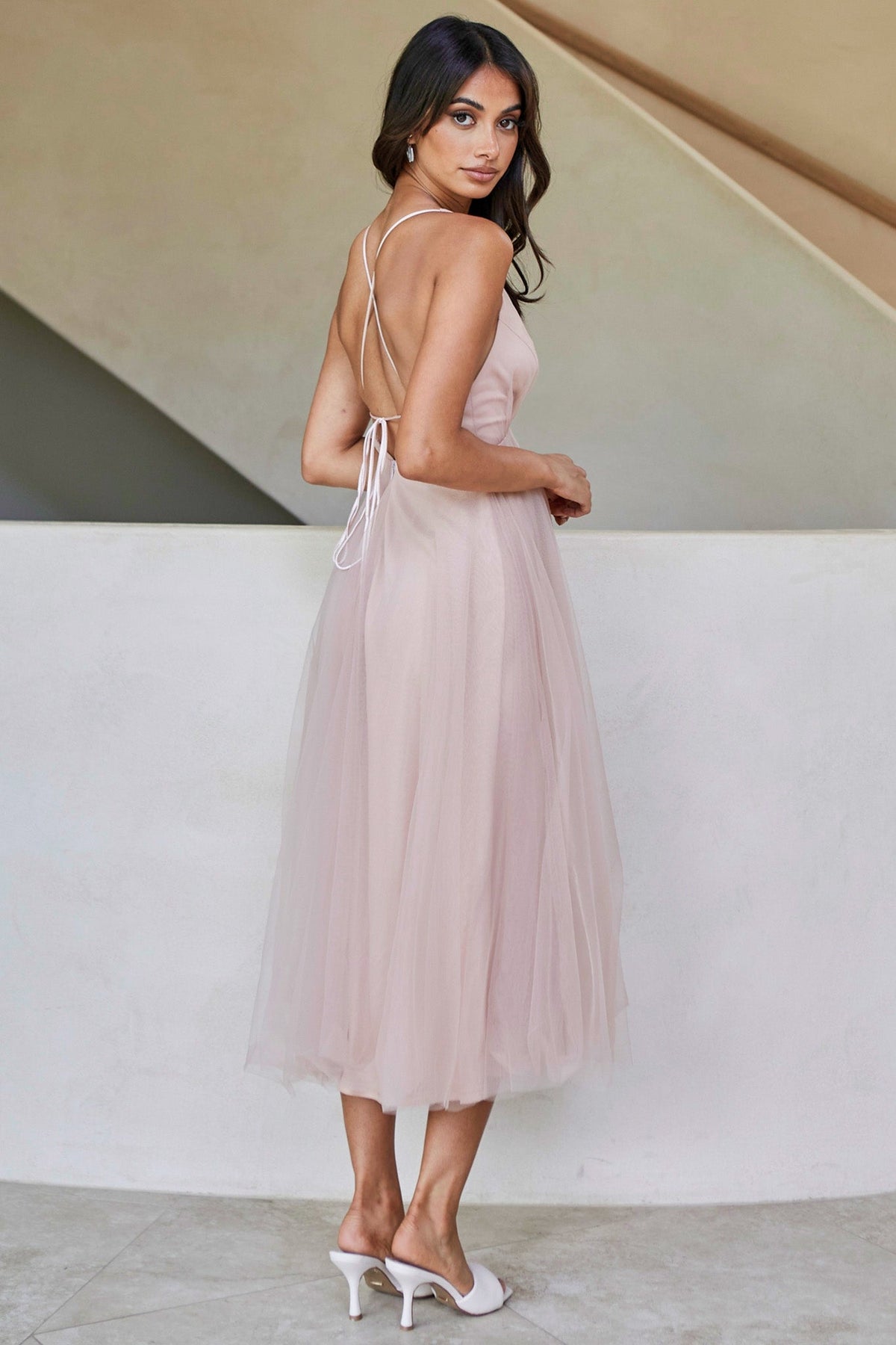 Floating By Plunging Neckline Mesh Overlay Midi Dress Apricot