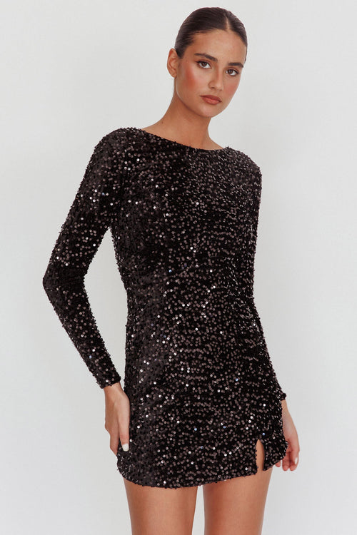 Demure Long Sleeve Open Back Dress Sequin Black