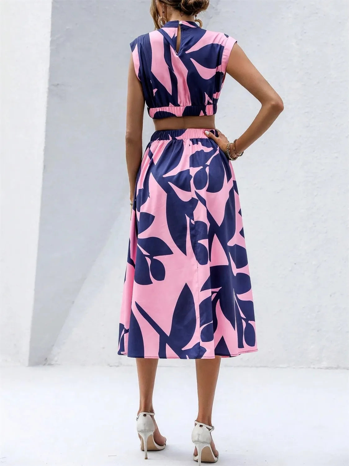Cutout Printed Cap Sleeve Midi Dress