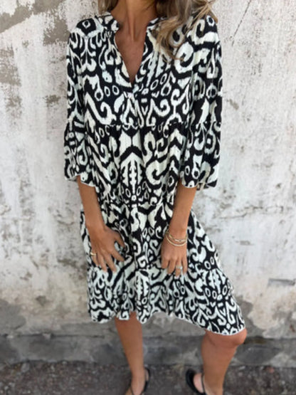 Full Size Printed Notched Half Sleeve Dress Plus Size