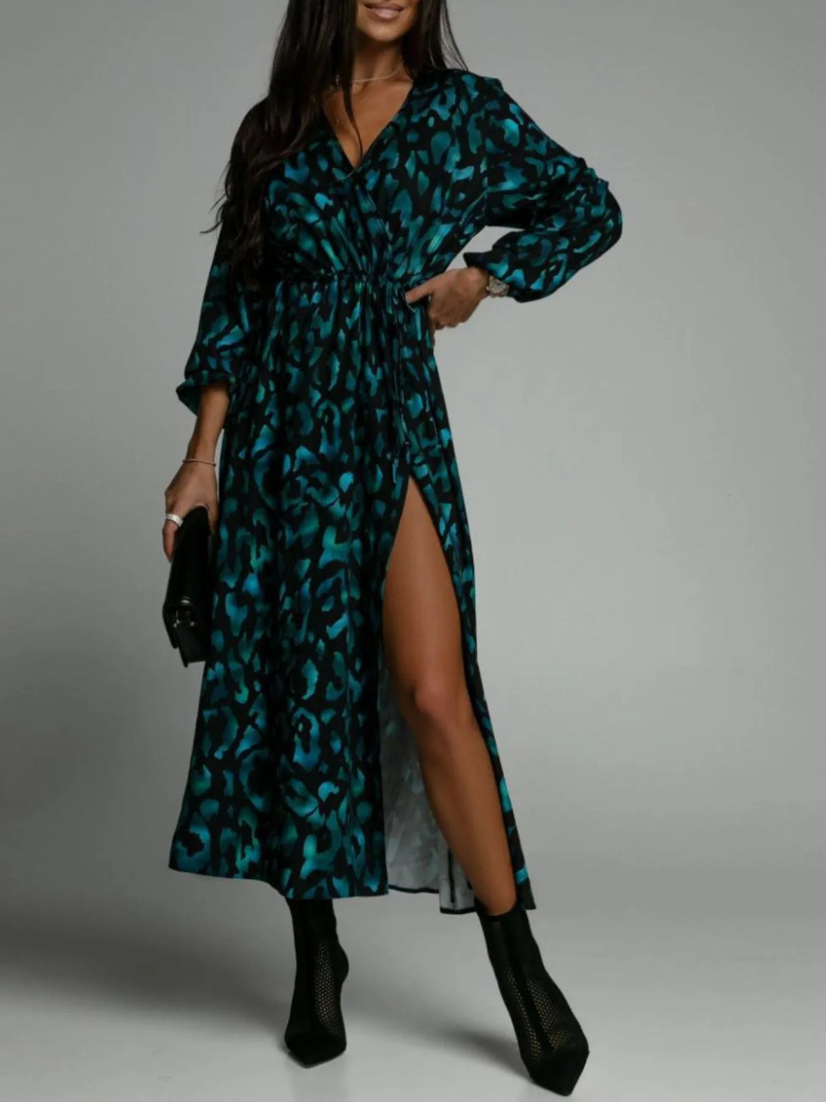 Printed Surplice Long Sleeve Midi Dress