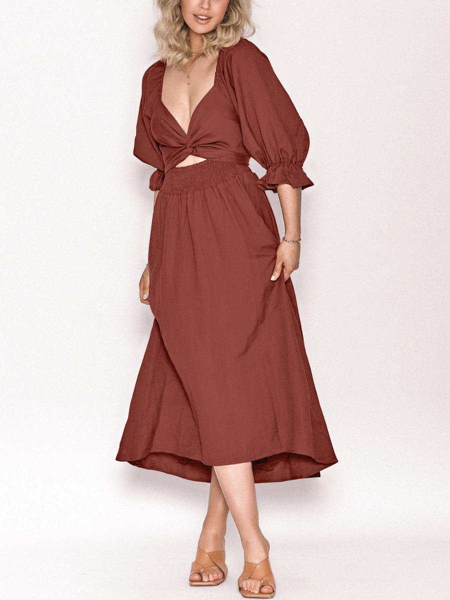 SUNSET SANDS TWO WAY WEARABLE MIDI DRESS - BRICK