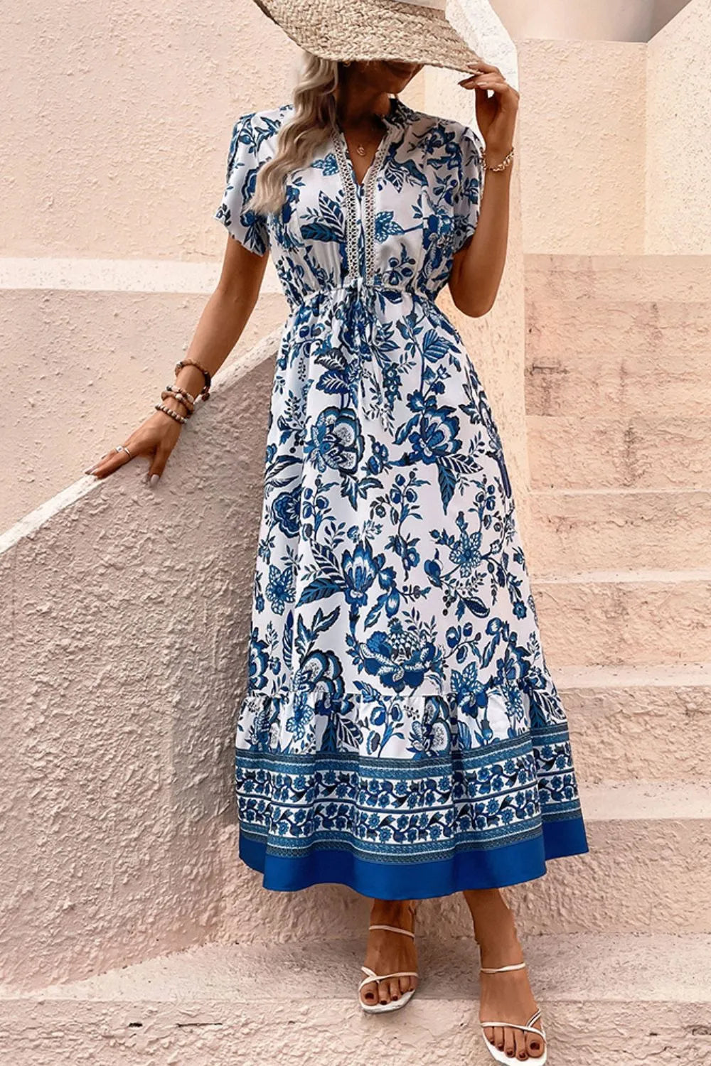 Printed Notched Short Sleeve Dress