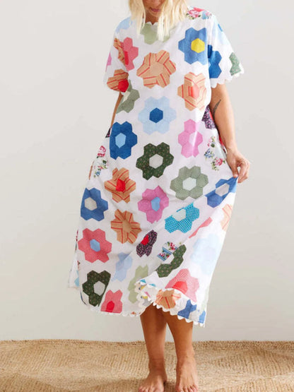 Floral Print Midi Dress with Scalloped Edges