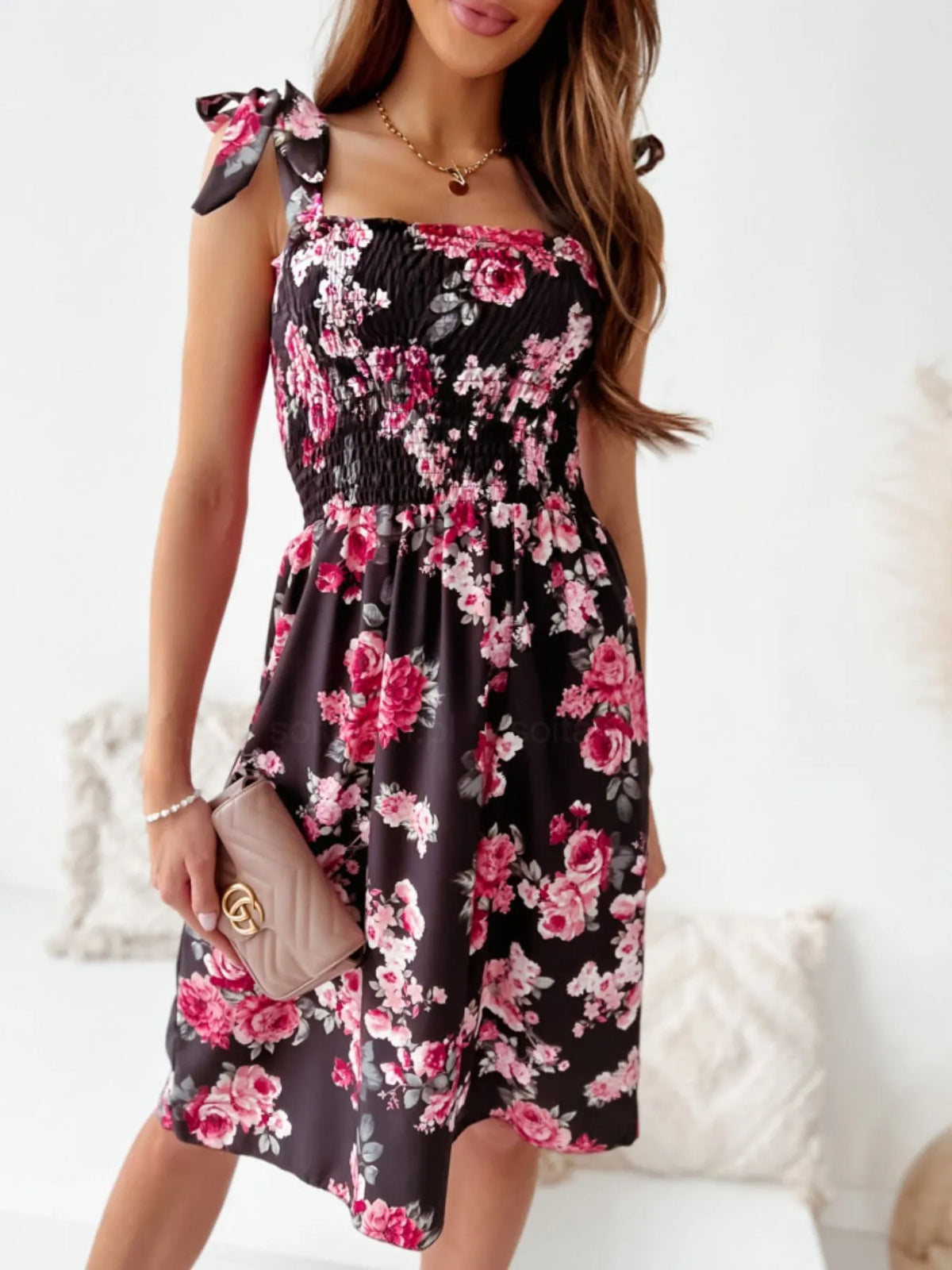 Floral Smocked Bodice Tie Shoulder Summer Dress