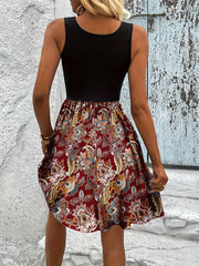 Printed A-Line Tank Dress with Lace Waist Detail