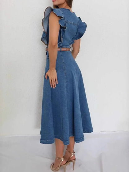 Button-Front Ruffle Sleeve Denim Midi Dress