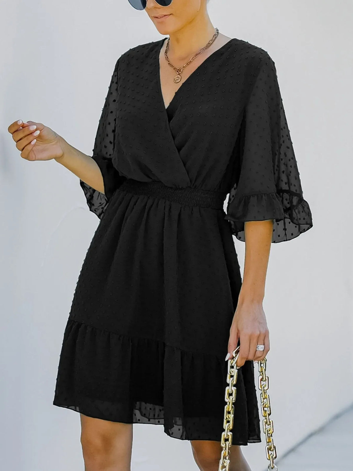 Swiss Dot Flare Sleeve Wrap Mini Dress