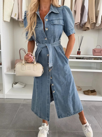 Puff Sleeve Button Down Belted Denim Midi Dress