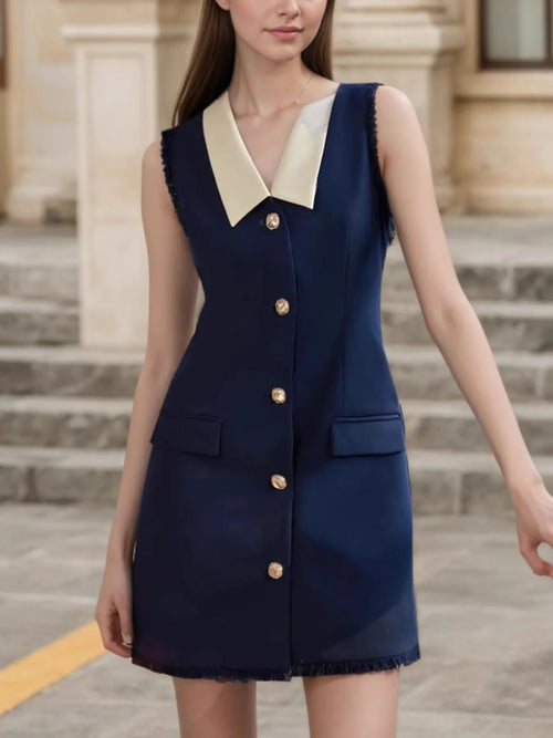 Contrast Collar Button-Front Sleeveless Mini Dress