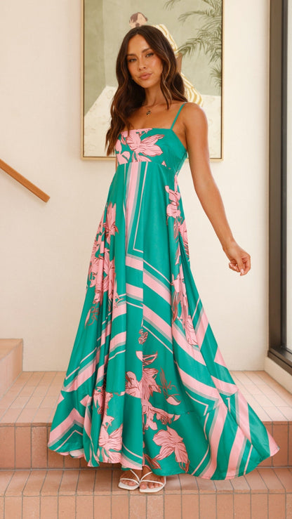 Kaethe Maxi Dress - Green/Pink Floral