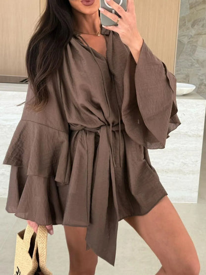 Bell Sleeve Tie Waist Mini Shirt Dress