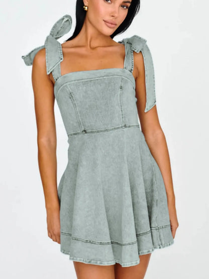 Bow-Shoulder Square Neck Denim Mini Dress