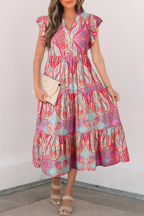 Tribal Paisley Print Ruffled Sleeve Notch Neck Midi Dress