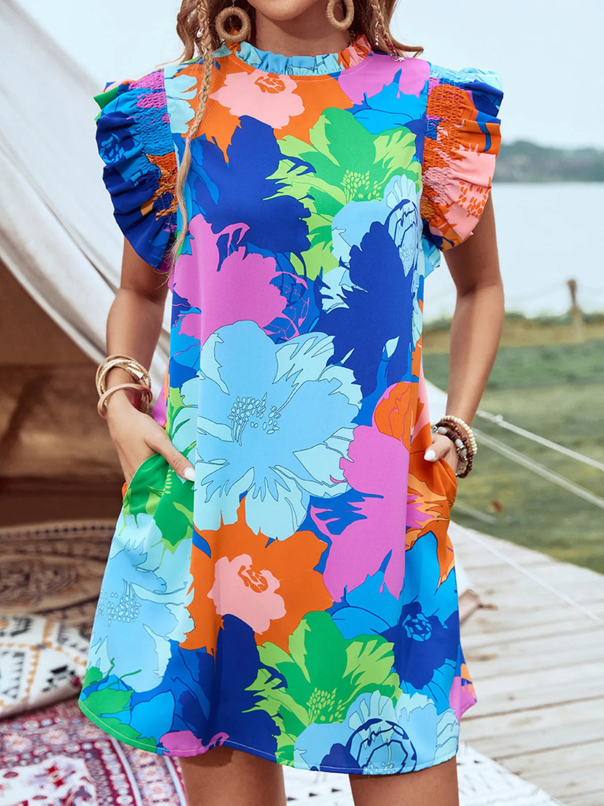 Printed Ruffled Cap Sleeve Mini Dress