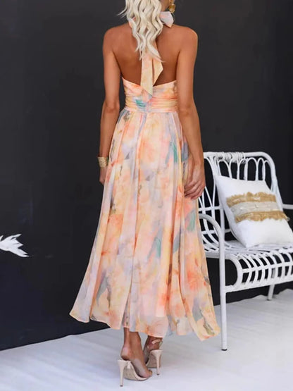 Floral Halter Neck Backless Summer Dress