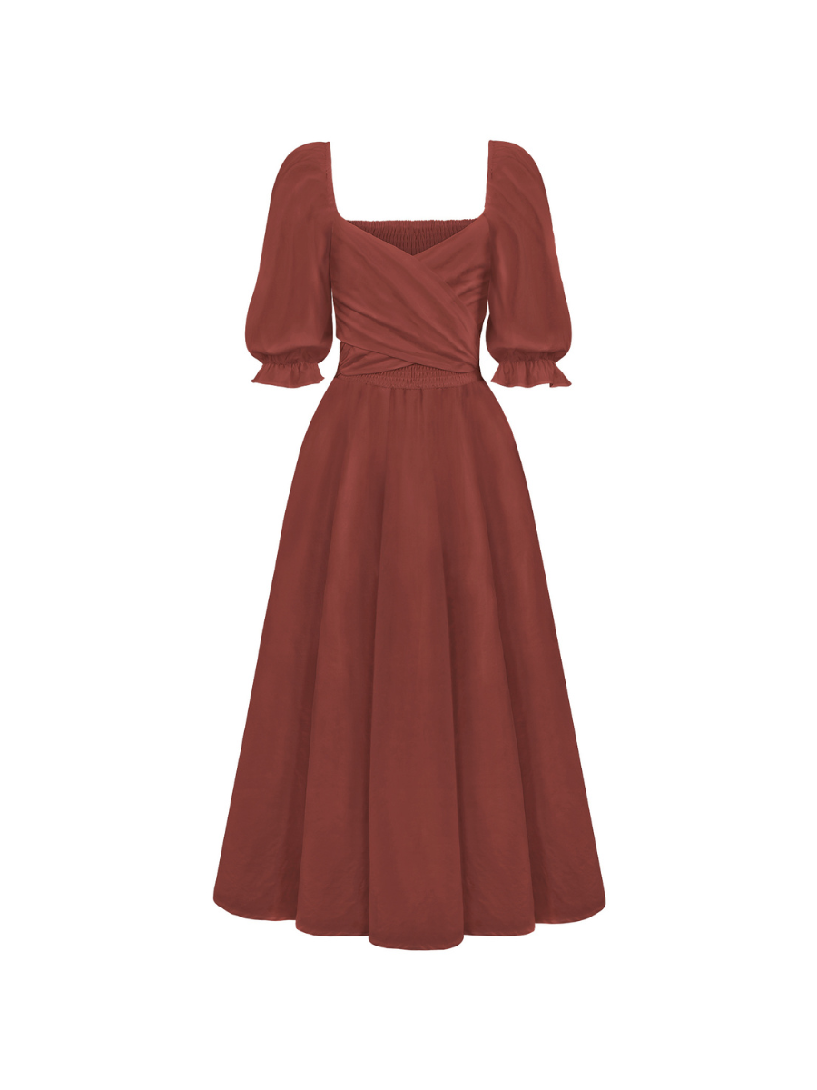 SUNSET SANDS TWO WAY WEARABLE MIDI DRESS - BRICK