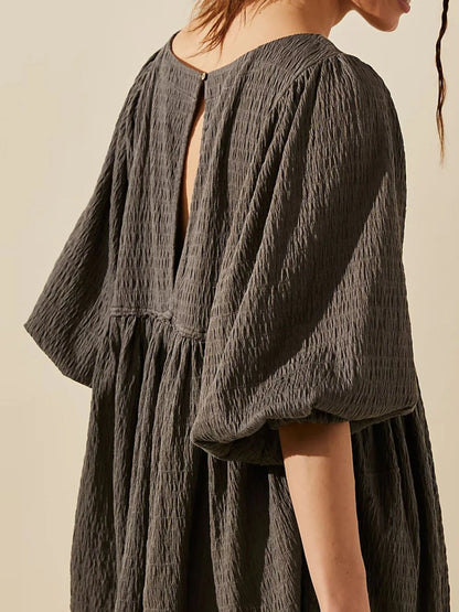 Relaxed Textured Babydoll Mini Dress with Back Keyhole Detail
