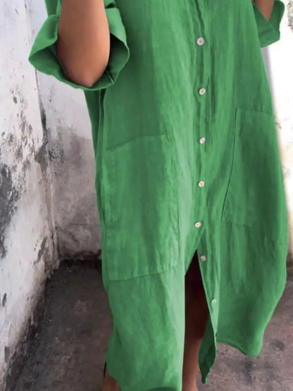 Full Size Casual Linen Button-Down Shirt Dress Plus Size