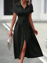 Button Down Belted Midi Shirt Dress