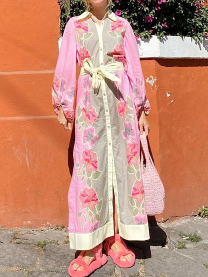 Floral Print Long Sleeve Maxi Shirt Dress