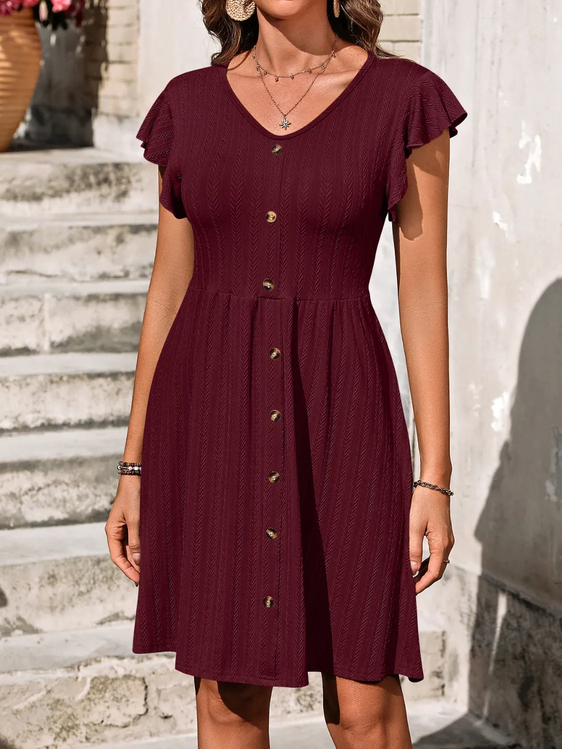V-Neck Ruffled Cap Sleeve Dress