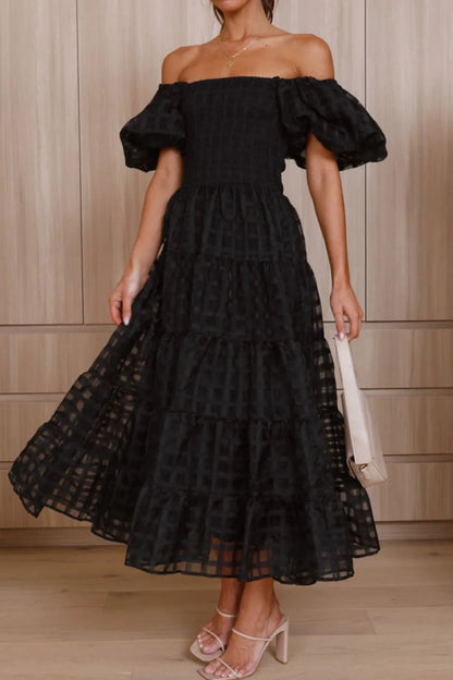 Off Shoulder Short Puff Sleeve Midi Dress