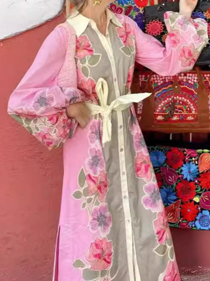 Floral Print Long Sleeve Maxi Shirt Dress