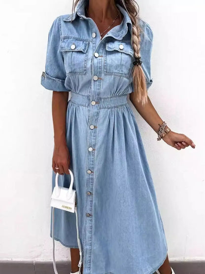 Full Size Button Down Roll-Up Sleeve Denim Shirt Dress Plus Size