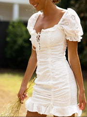 Eyelet Ruffled Hem Lace Up Mini Dress