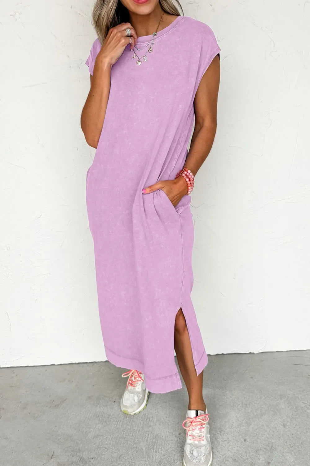 Side Split Round Neck Cap Sleeve T-Shirt Dress