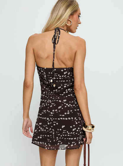 Karysa Halter Beaded Mini Dress Brown Multi