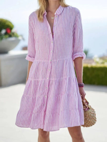 Full Size Striped Button-Down Shirt Dress with Tiered Ruffle Hem Plus Size