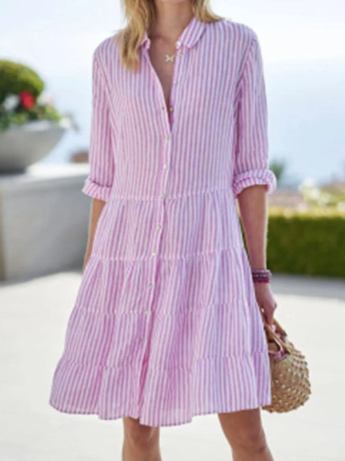 Full Size Striped Button-Down Shirt Dress with Tiered Ruffle Hem Plus Size