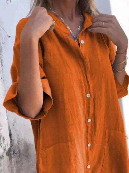 Full Size Casual Linen Button-Down Shirt Dress Plus Size