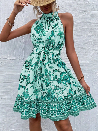 Floral Halter Neck Summer Dress with Belt