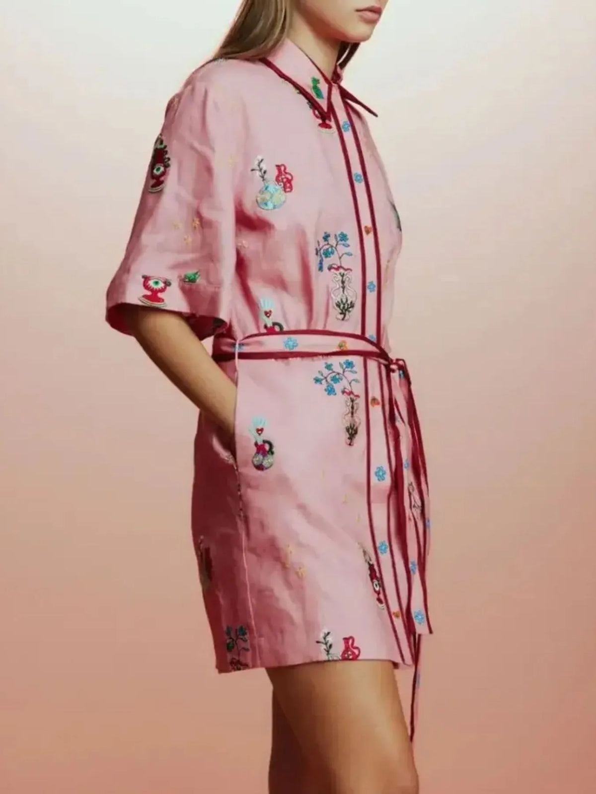 Printed Tie Waist Half Sleeve Shirt Dress