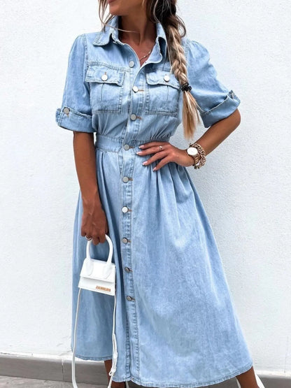 Full Size Button Down Roll-Up Sleeve Denim Shirt Dress Plus Size