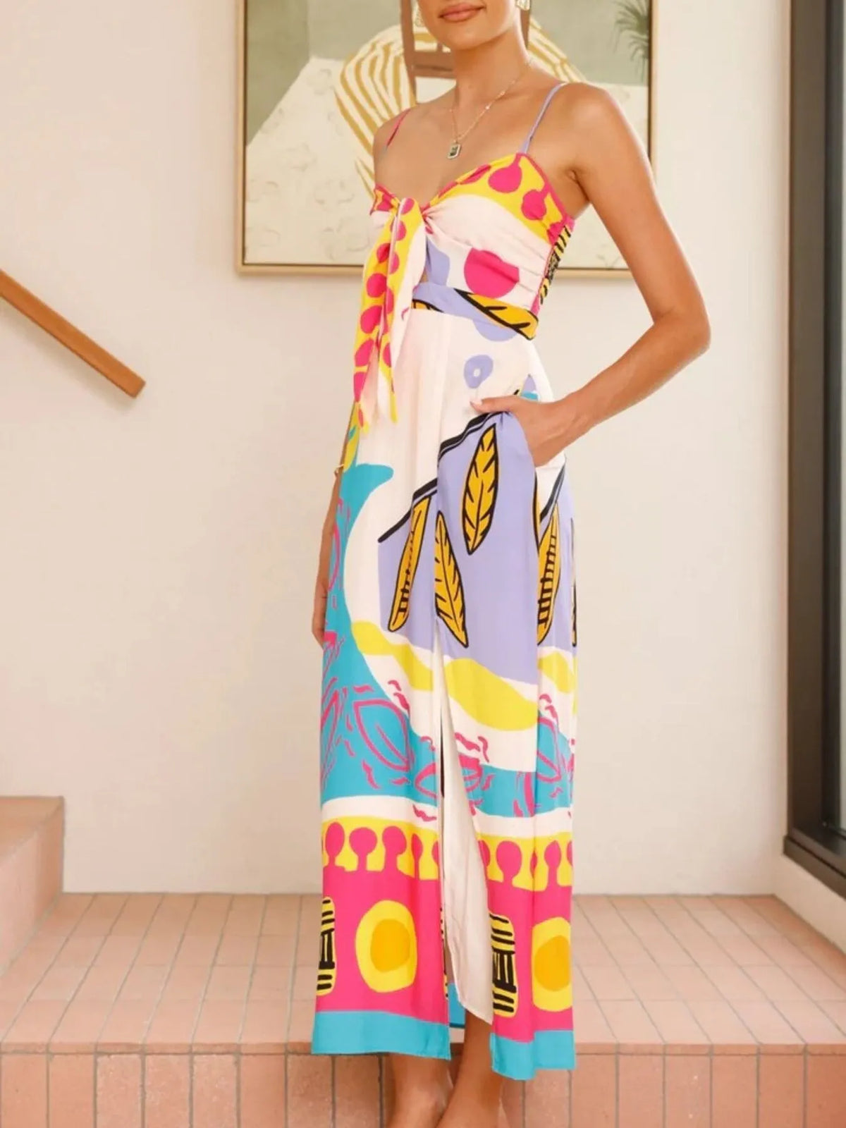 Tied Front Printed Slit Maxi Cami Dress