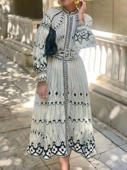 Printed Long Sleeve Shirt Dress with Belt