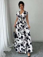 Printed Surplice Cap Sleeve Maxi Dress