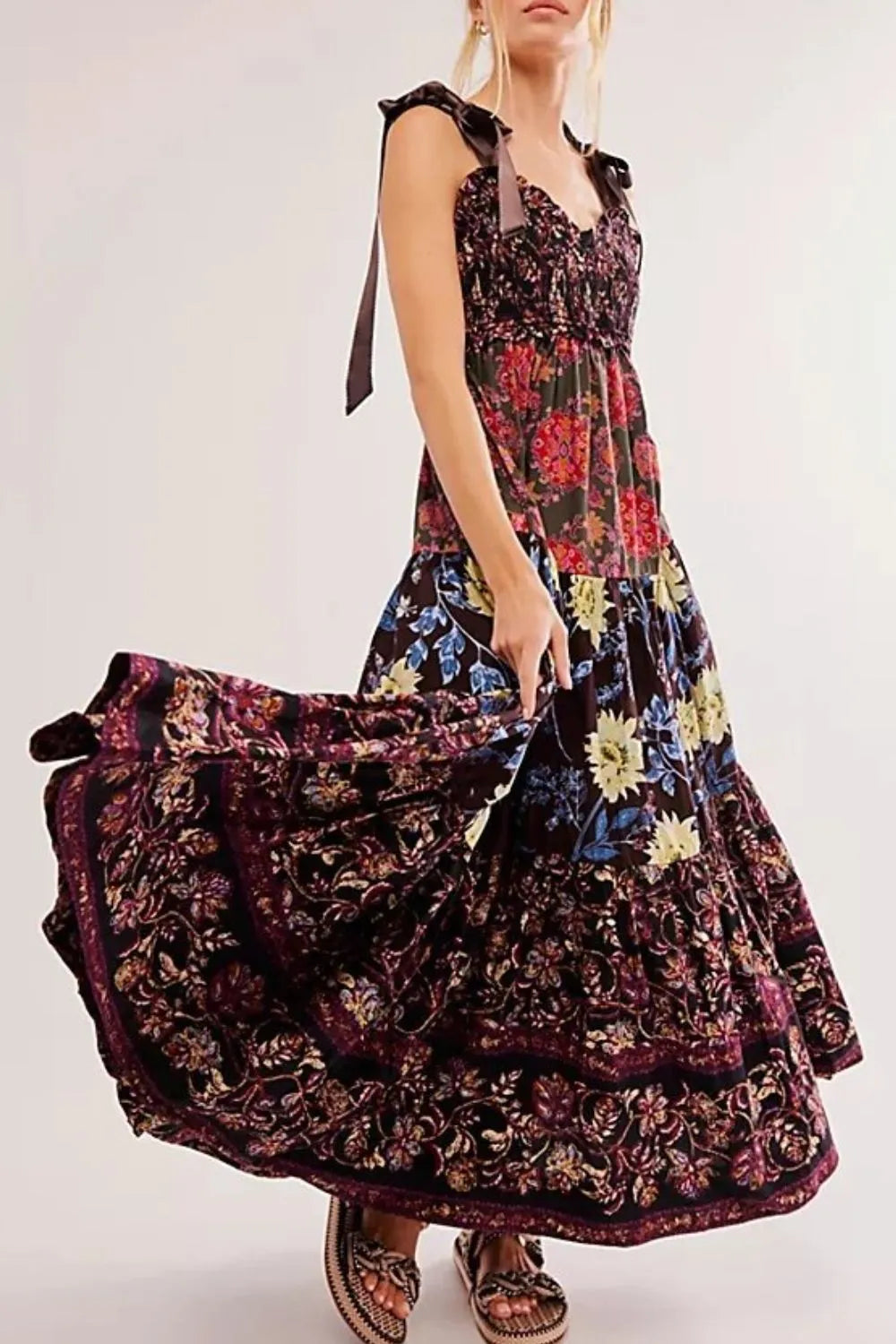 Floral Tiered Maxi Dress with Mixed Print Design