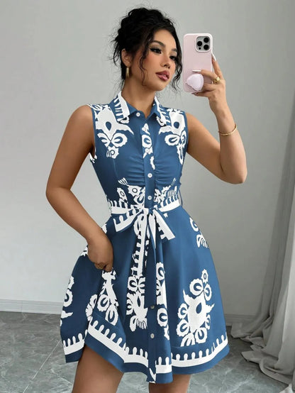 Printed Sleeveless Button Front Dress